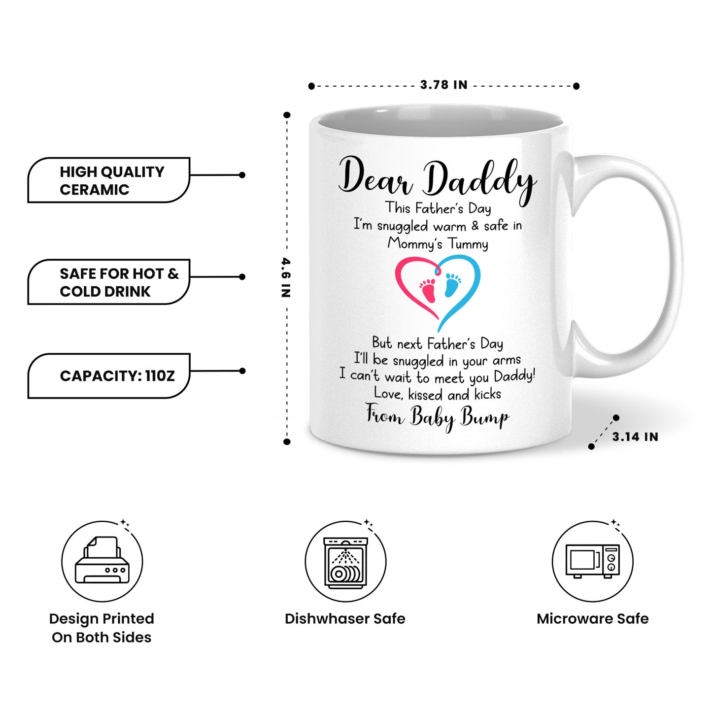 Personalized Dear Daddy Father’s Day Mug – Cute Baby Love Coffee Mug for New Dad, First Father’s Day Gift