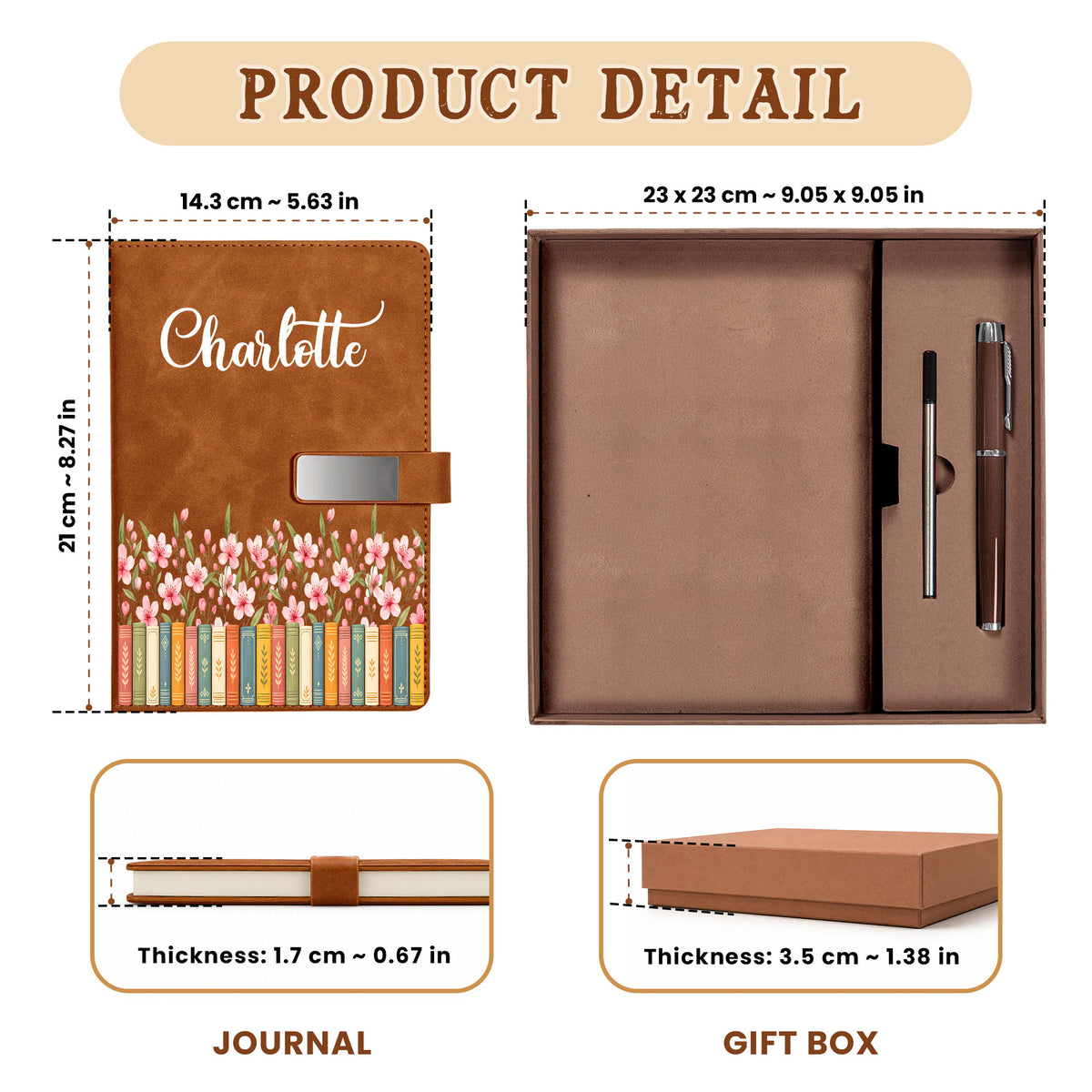 Personalized Leather Journal Gift Set – Birth Month Flower Book Stack Notebook - Gift for Women, Teachers, Friends