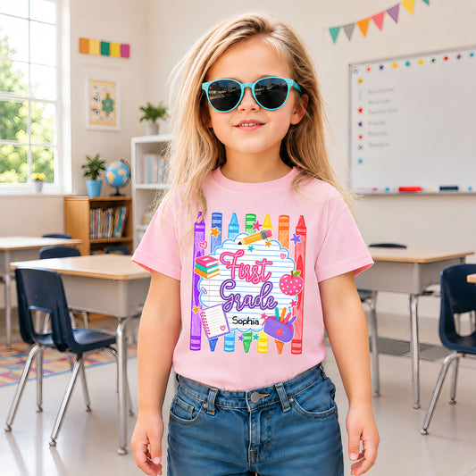 Personalized Striped Back to School Shirt for Kids Teachers – Custom Name & Grade Tee for Pre-K to 8th Grade Students, First Day Outfit