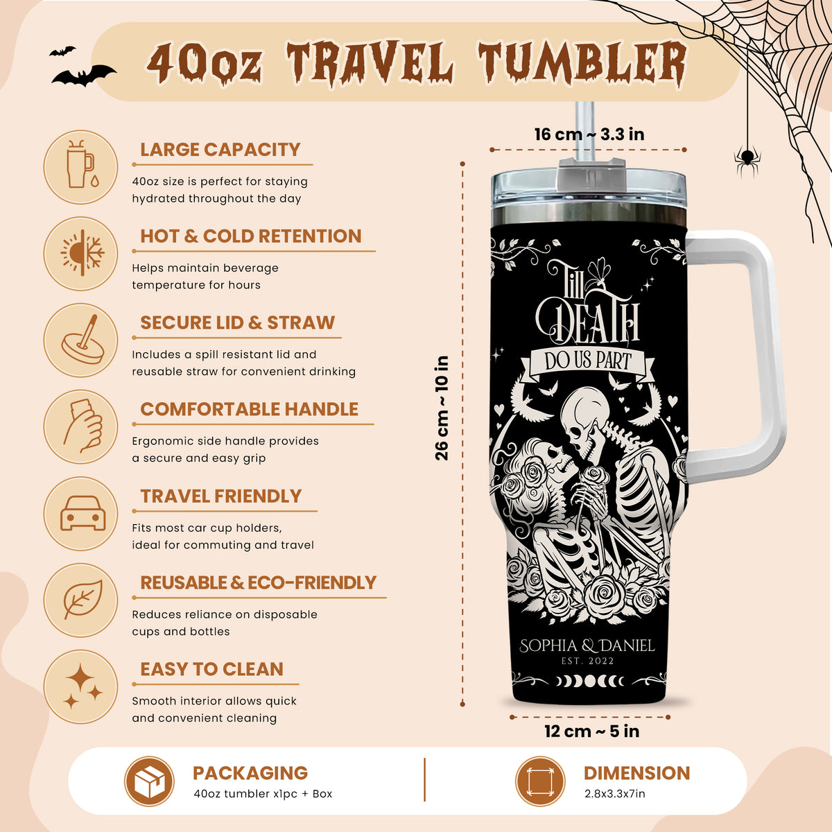 Personalized Skeleton Couple Halloween Tumbler 40oz, Gothic Skeleton with Roses, Halloween Gift for Couples