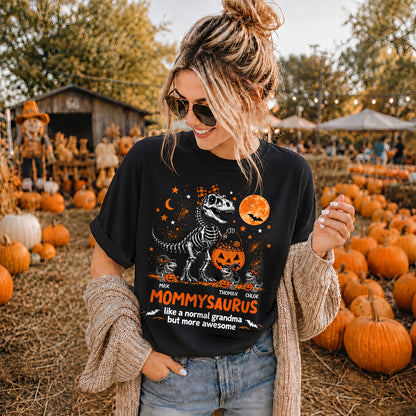 Personalized Grandmasaurus Halloween T-Shirt, Custom Grandkids Names Dinosaur Family Shirt, Spooky Pumpkin Grandma Tee