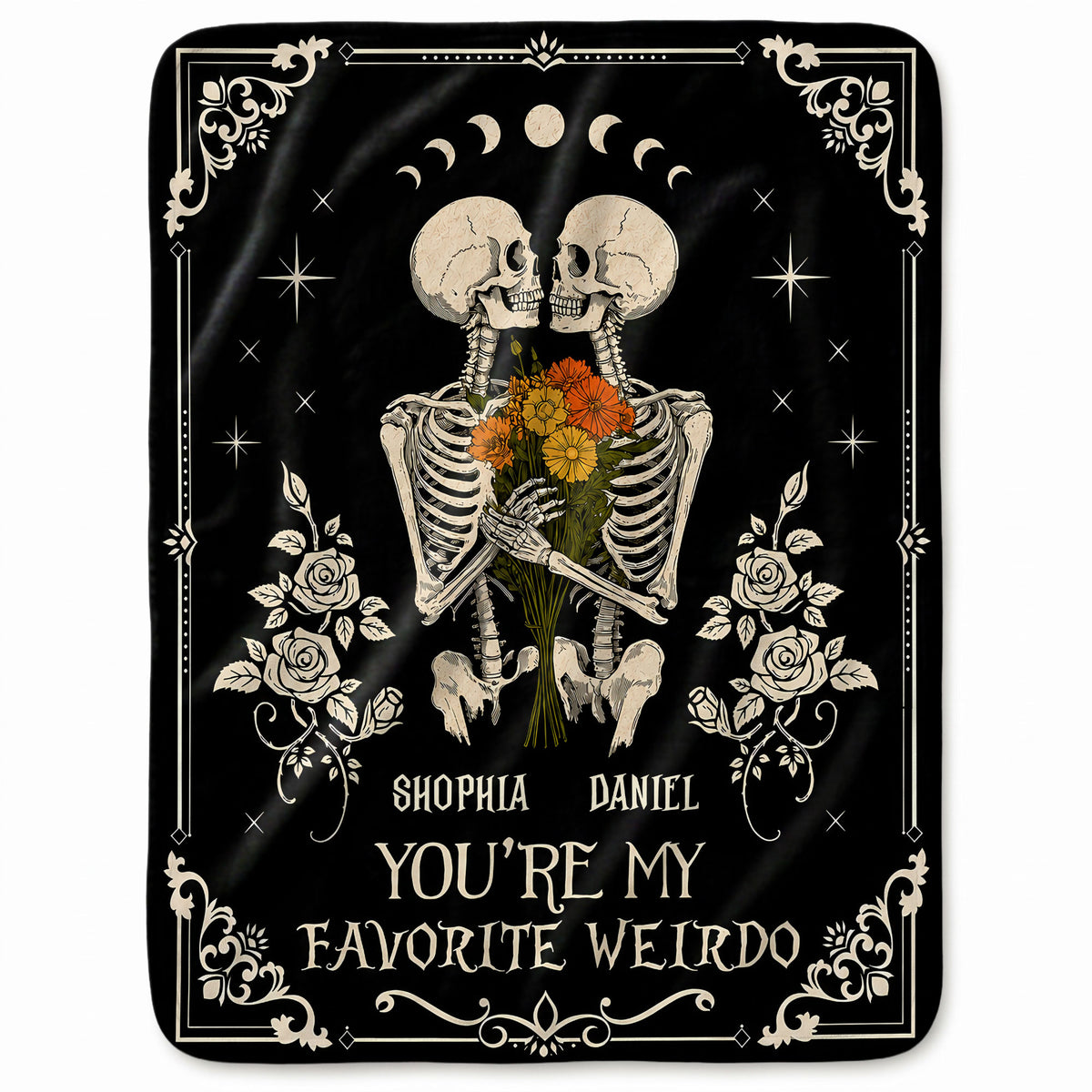 Personalized Skeleton Couple Fleece & Sherpa Blanket, Gothic Blanket with Roses, Halloween Gift for Couples