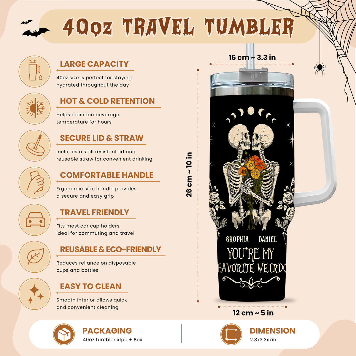 Personalized Skeleton Couple Halloween Tumbler 40oz, Gothic Skeleton with Roses, Halloween Gift for Couples