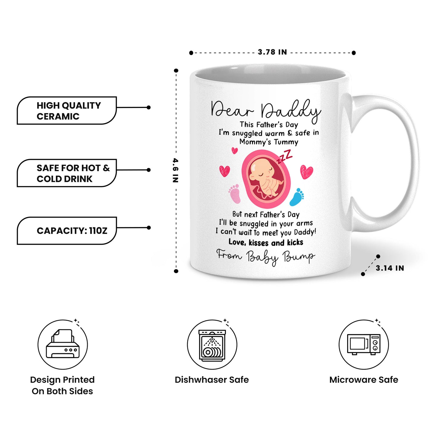 Personalized Dear Daddy Father’s Day Mug – Cute Baby Love Coffee Mug for New Dad, First Father’s Day Gift