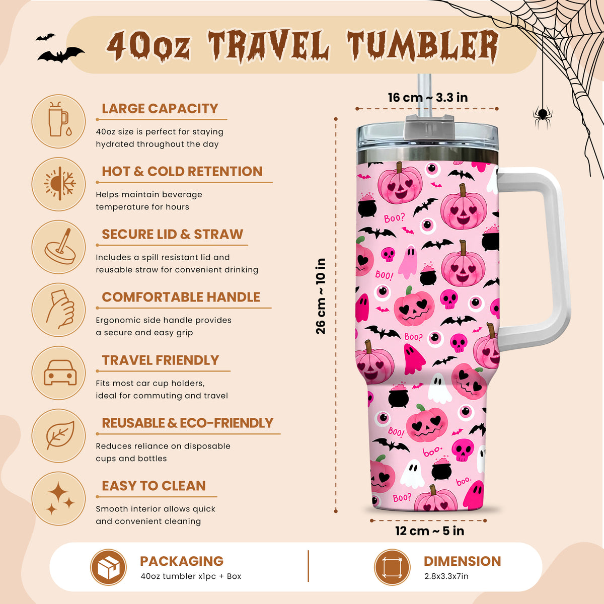 Personalized Halloween Tumbler, 40oz Travel Tumbler with Name, Vintage Spooky Pattern Gift Girls and Boys