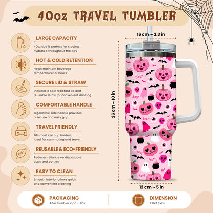 Personalized Halloween Tumbler, 40oz Travel Tumbler with Name, Vintage Spooky Pattern Gift Girls and Boys