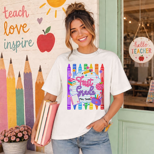 Personalized Striped Back to School Shirt for Kids Teachers – Custom Name & Grade Tee for Pre-K to 8th Grade Students, First Day Outfit