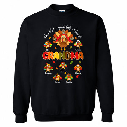 Personalized Thankful Grateful Blessed Grandma Sweatshirt, Custom Grandma Turkey with Grandkids Names Gift For Family