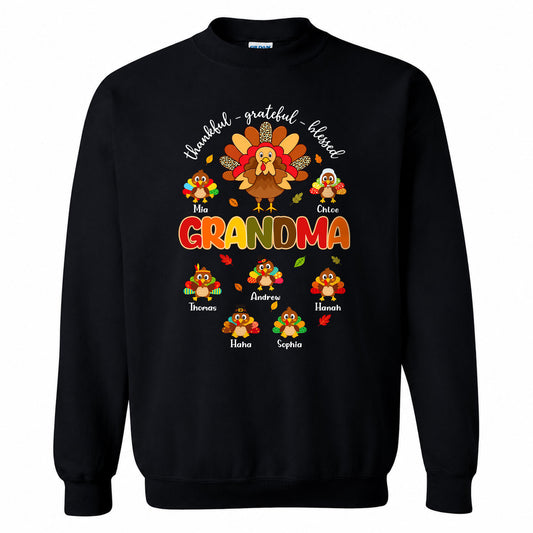 Personalized Thankful Grateful Blessed Grandma Sweatshirt, Custom Grandma Turkey with Grandkids Names Gift For Family