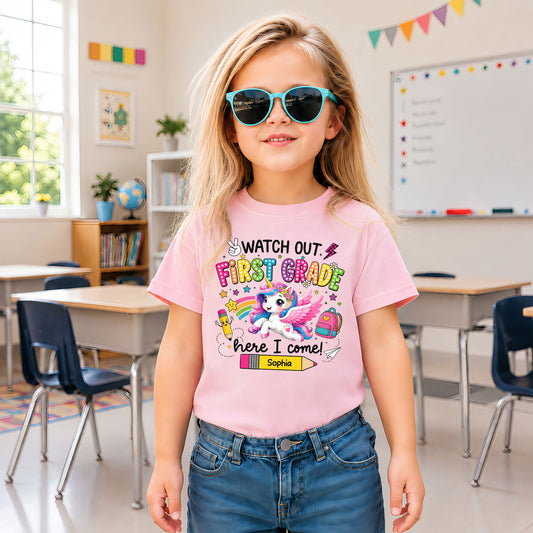 Personalized Watch Out Back to School Shirt – Custom Name & Grade Colorful Tee for Pre-K to 8th Grade Students