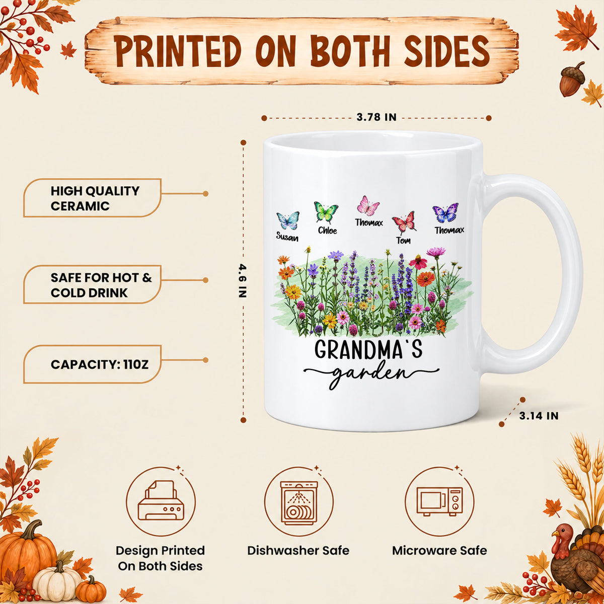 Personalized Grandma’s Garden Mug, Custom Grandkids, Thanksgiving Autumn Gift For Grandma
