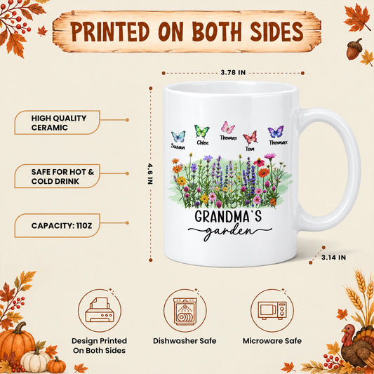Personalized Grandma’s Garden Mug, Custom Grandkids, Thanksgiving Autumn Gift For Grandma