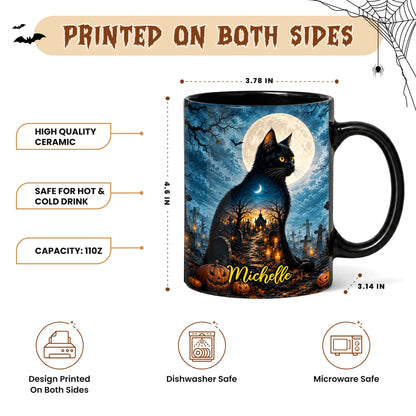 Personalized Halloween Cat Mug, Cute Black Cat Witch Hat Pumpkin Mug, Custom Name Fall Coffee Cup, Halloween Gift for Cat Lovers