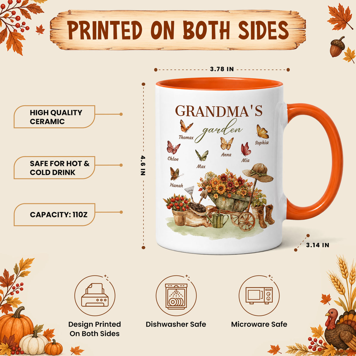 Personalized Grandma’s Garden Mug, Custom Grandkids, Thanksgiving Autumn Gift For Grandma