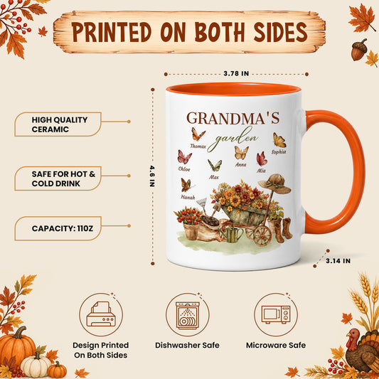 Personalized Grandma’s Garden Mug, Custom Grandkids, Thanksgiving Autumn Gift For Grandma