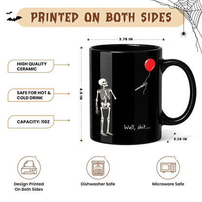 Skeleton Holding Red Balloon Halloween Mug, Funny Spooky Coffee Mug, Halloween Gift