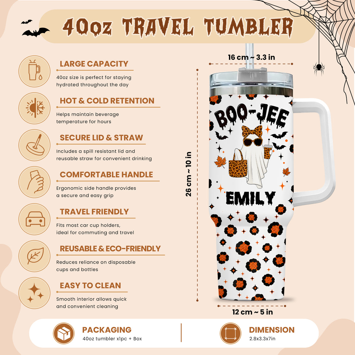 Personalized Halloween Tumbler with Handle - Custom Name Boo Jee Ghost Tumbler - Trendy Spooky Season Gift