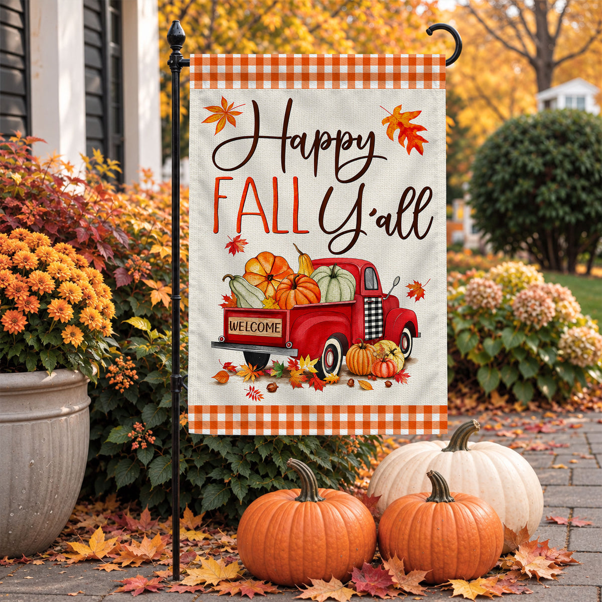 Hello Fall Garden Flag, Welcome Truck Happy Fall Ya'll Floral Pumpkin Outdoor Decor Gift For Family