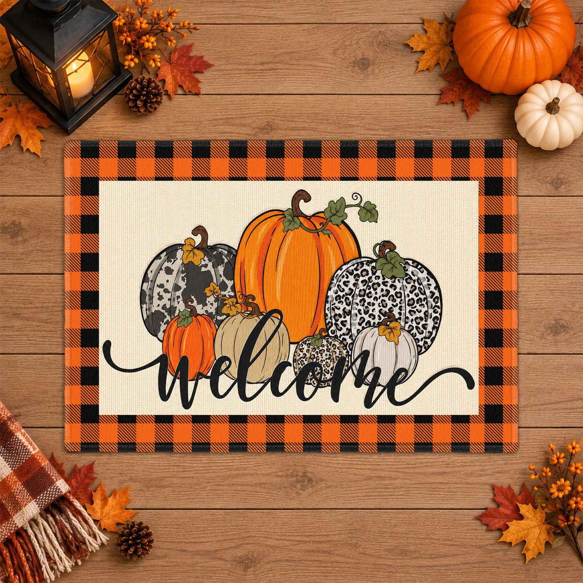 Fall Football Pumpkin Doormat, Welcome Autumn Leaves Door Mat, Thanksgiving Home Decor