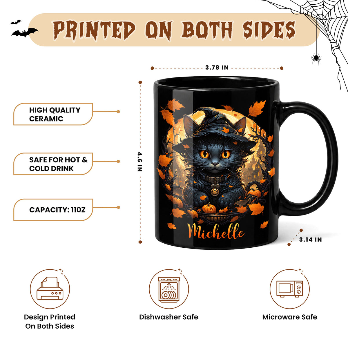 Personalized Halloween Cat Mug, Cute Black Cat Witch Hat Pumpkin Mug, Custom Name Fall Coffee Cup, Halloween Gift for Cat Lovers