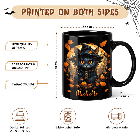 Personalized Halloween Cat Mug, Cute Black Cat Witch Hat Pumpkin Mug, Custom Name Fall Coffee Cup, Halloween Gift for Cat Lovers