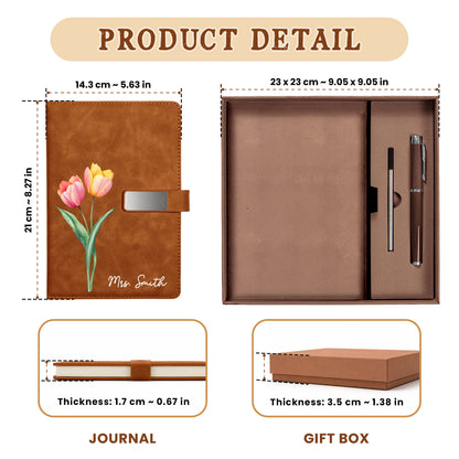 Personalized Leather Notebook Set with Custom Name, Floral Journal Gift Set with Pen for Women, Teacher, Student, Office