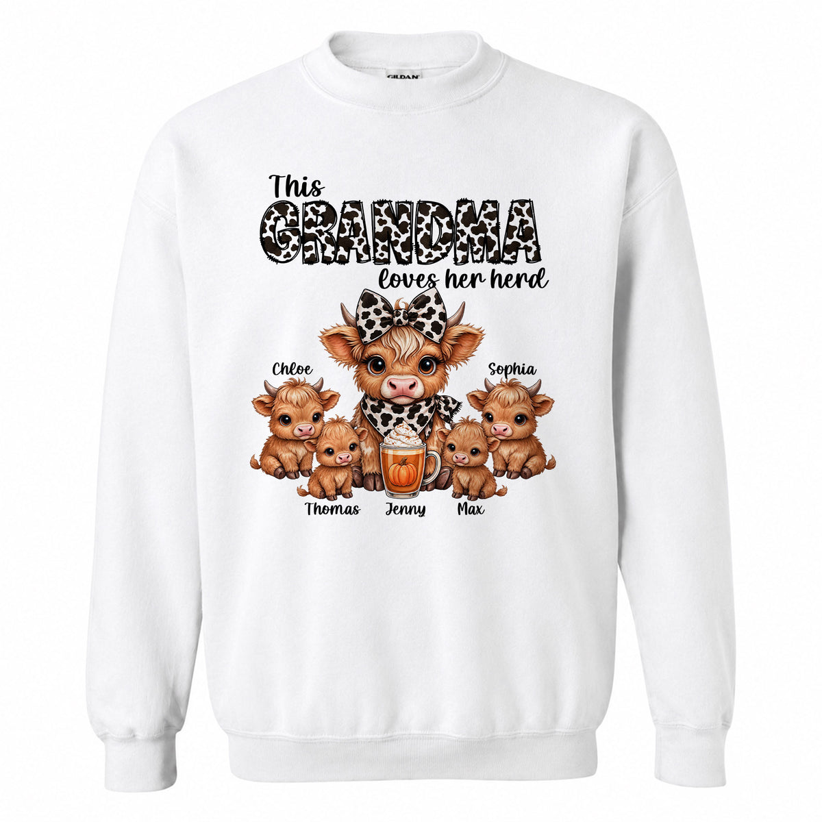 Personalized Grandma Sweatshirt, Custom Grandma Highland Cow with Grandkids Names Gift For Family