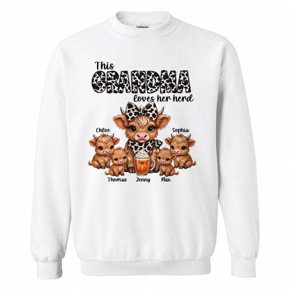 Personalized Grandma Sweatshirt, Custom Grandma Highland Cow with Grandkids Names Gift For Family