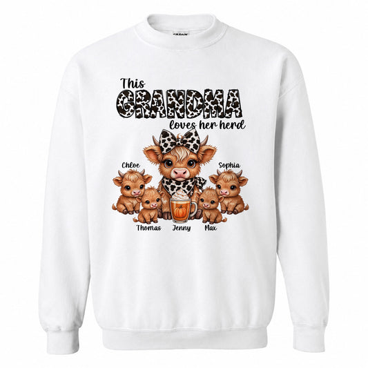 Personalized Grandma Sweatshirt, Custom Grandma Highland Cow with Grandkids Names Gift For Family