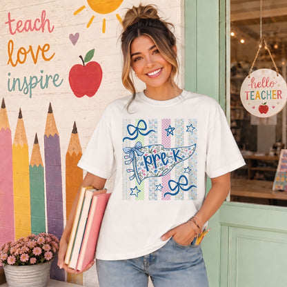 Personalized Back to School Shirt – Custom Name & Grade Preppy Striped Pennant Flag Color Tee for Teachers & Students, Pre-K to 8th Grade Outfit