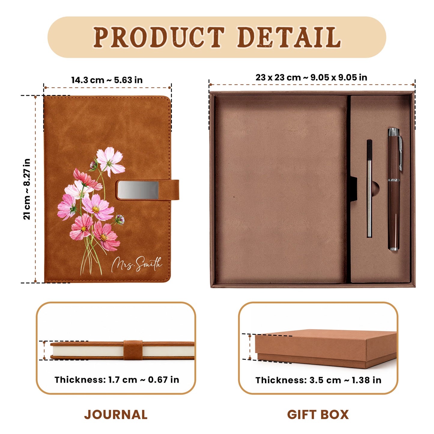 Personalized Leather Notebook Set with Custom Name, Floral Journal Gift Set with Pen for Women, Teacher, Student, Office