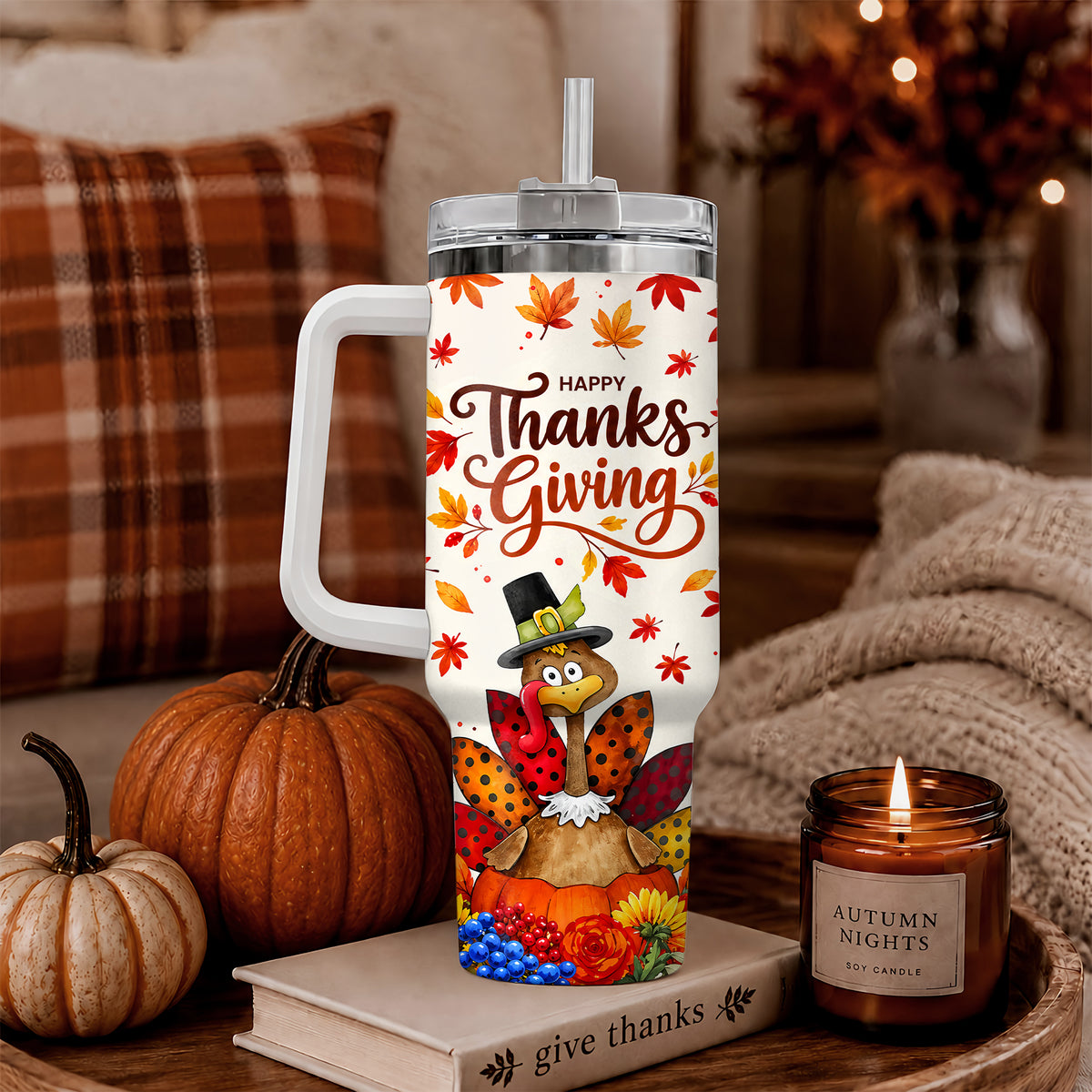 Personalized Thanksgiving Tumbler 40oz, Turkey Fall Leaves Gnome, Hello Fall Custom Name Gift For Adult & Friends