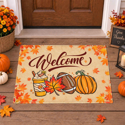 Fall Football Pumpkin Doormat, Welcome Autumn Leaves Door Mat, Thanksgiving Home Decor