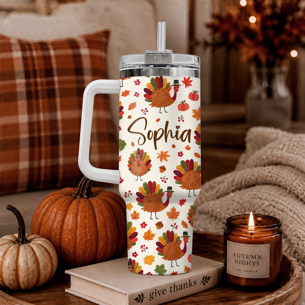 Personalized Thanksgiving Tumbler 40oz, Turkey Fall Leaves Gnome, Hello Fall Custom Name Gift For Adult & Friends