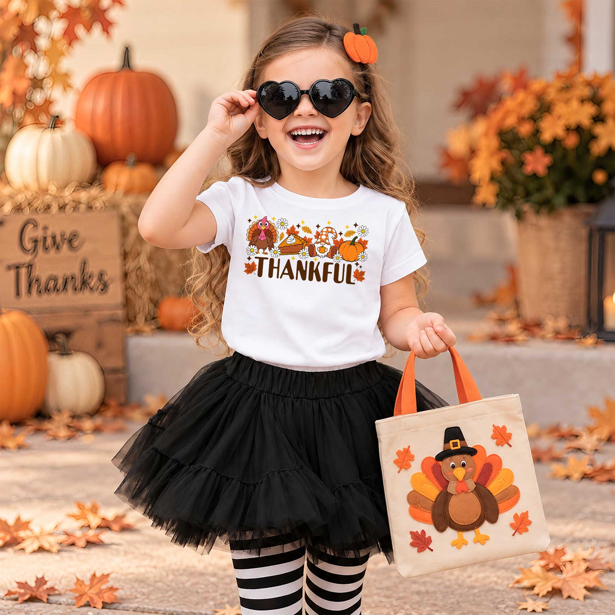 Girls Thanksgiving Shirt, Grateful Thankful Blessed Turkey Pumpkin Bow, Fall Gift for Kids & Women