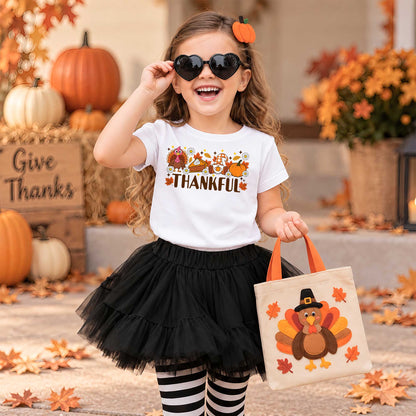 Girls Thanksgiving Shirt, Grateful Thankful Blessed Turkey Pumpkin Bow, Fall Gift for Kids & Women