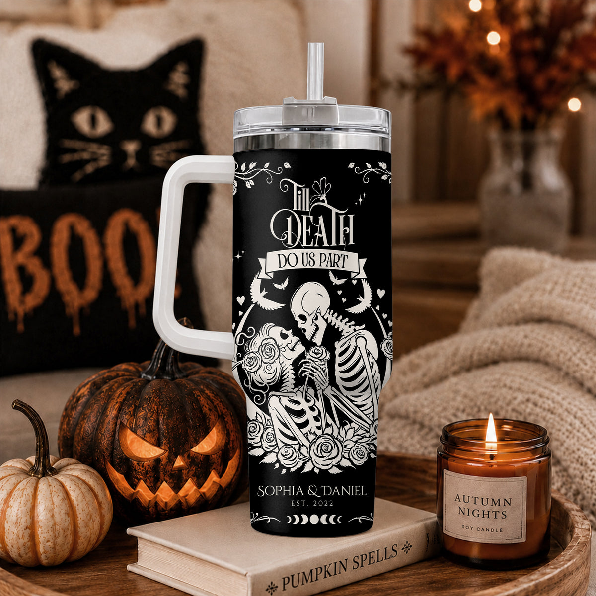 Personalized Skeleton Couple Halloween Tumbler 40oz, Gothic Skeleton with Roses, Halloween Gift for Couples
