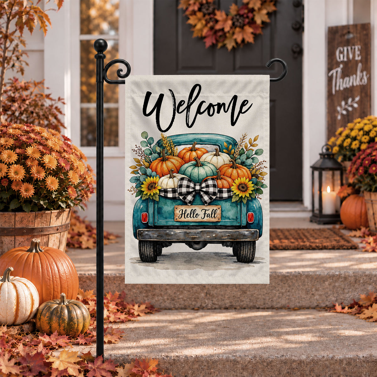 Hello Fall Garden Flag, Welcome Truck Happy Fall Ya'll Floral Pumpkin Outdoor Decor Gift For Family
