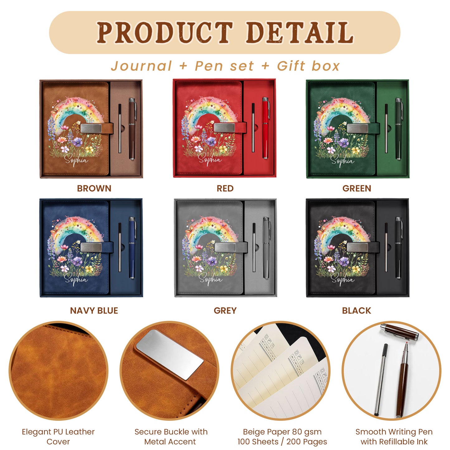 Personalized Leather Notebook Set with Custom Name, Floral Journal Gift Set with Pen for Women, Teacher, Student, Office