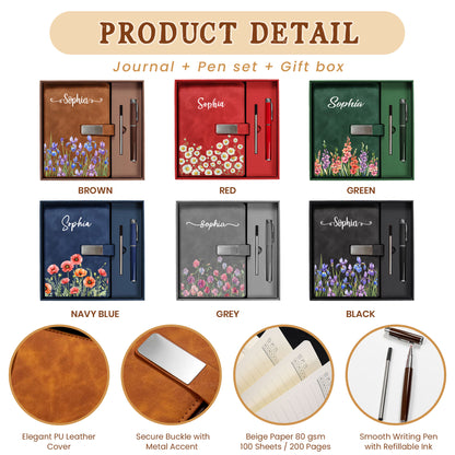 Personalized Floral Journal Gift Set - Custom Name Birth Month Flower Leather Notebook with Pen - Birthday Gift for Women, Friends