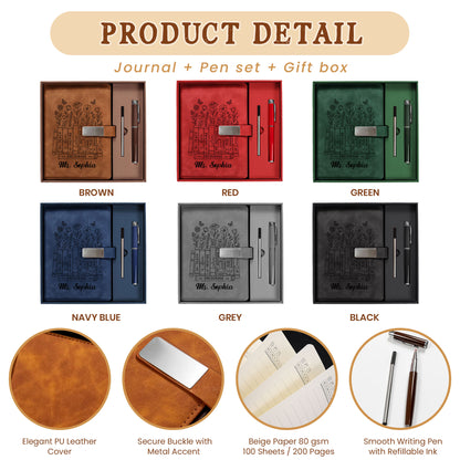 Floral Books Teacher Notebook - Custom Name Leather Notebook  Gift Set - Teacher Appreciation Gift