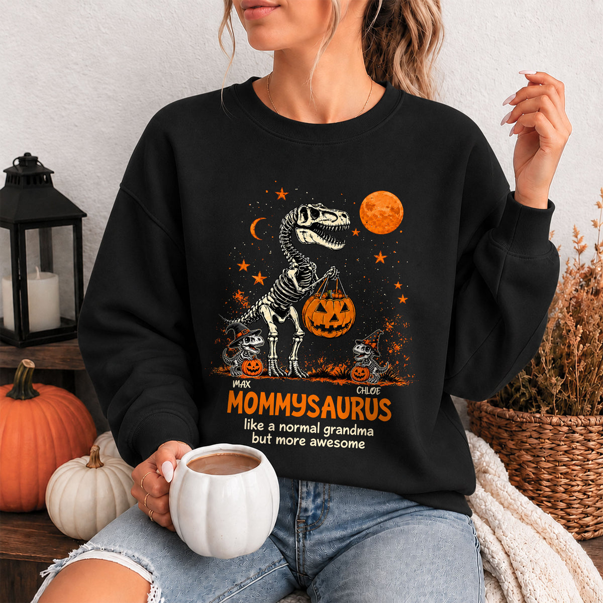 Personalized Grandmasaurus Halloween T-Shirt, Custom Grandkids Names Dinosaur Family Shirt, Spooky Pumpkin Grandma Tee
