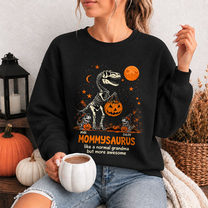 Personalized Grandmasaurus Halloween T-Shirt, Custom Grandkids Names Dinosaur Family Shirt, Spooky Pumpkin Grandma Tee