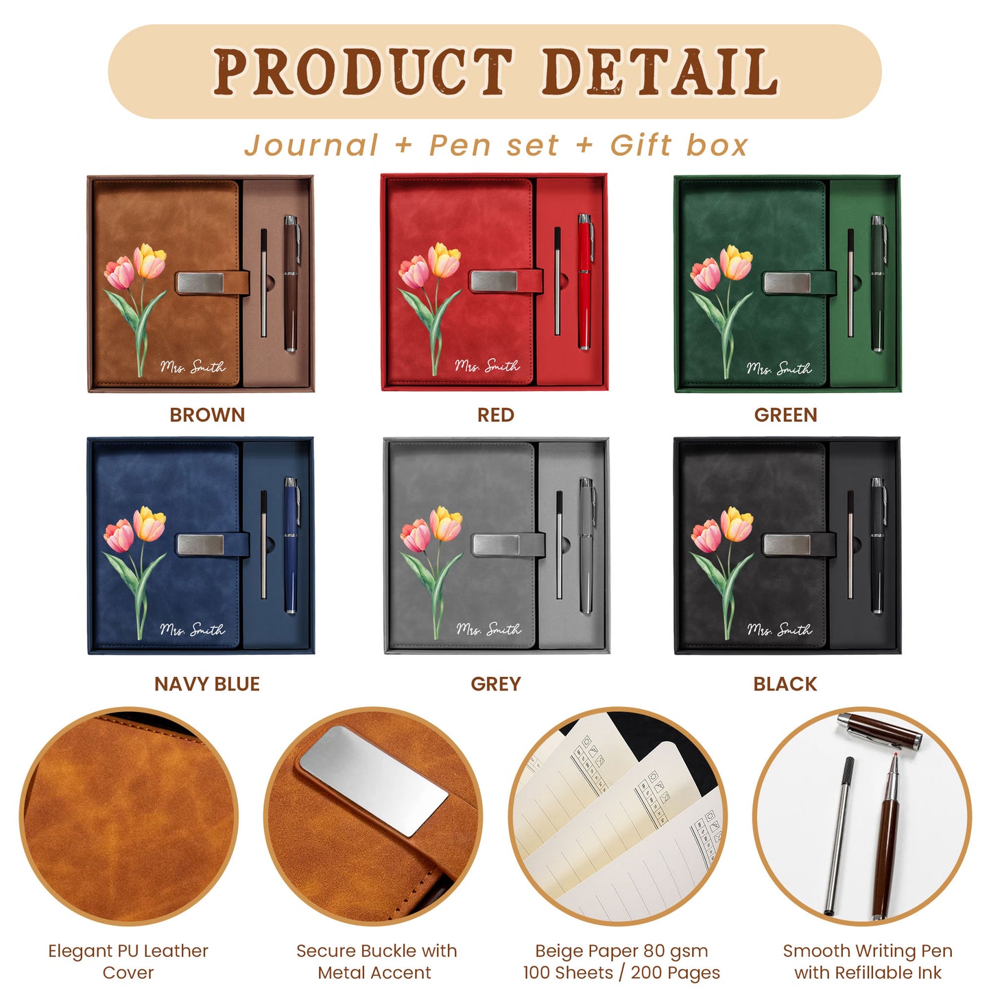 Personalized Leather Notebook Set with Custom Name, Floral Journal Gift Set with Pen for Women, Teacher, Student, Office