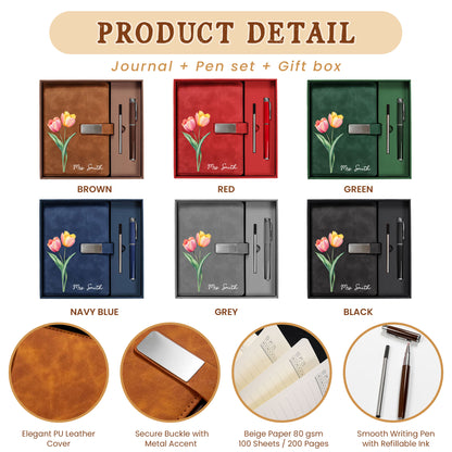 Personalized Leather Notebook Set with Custom Name, Floral Journal Gift Set with Pen for Women, Teacher, Student, Office