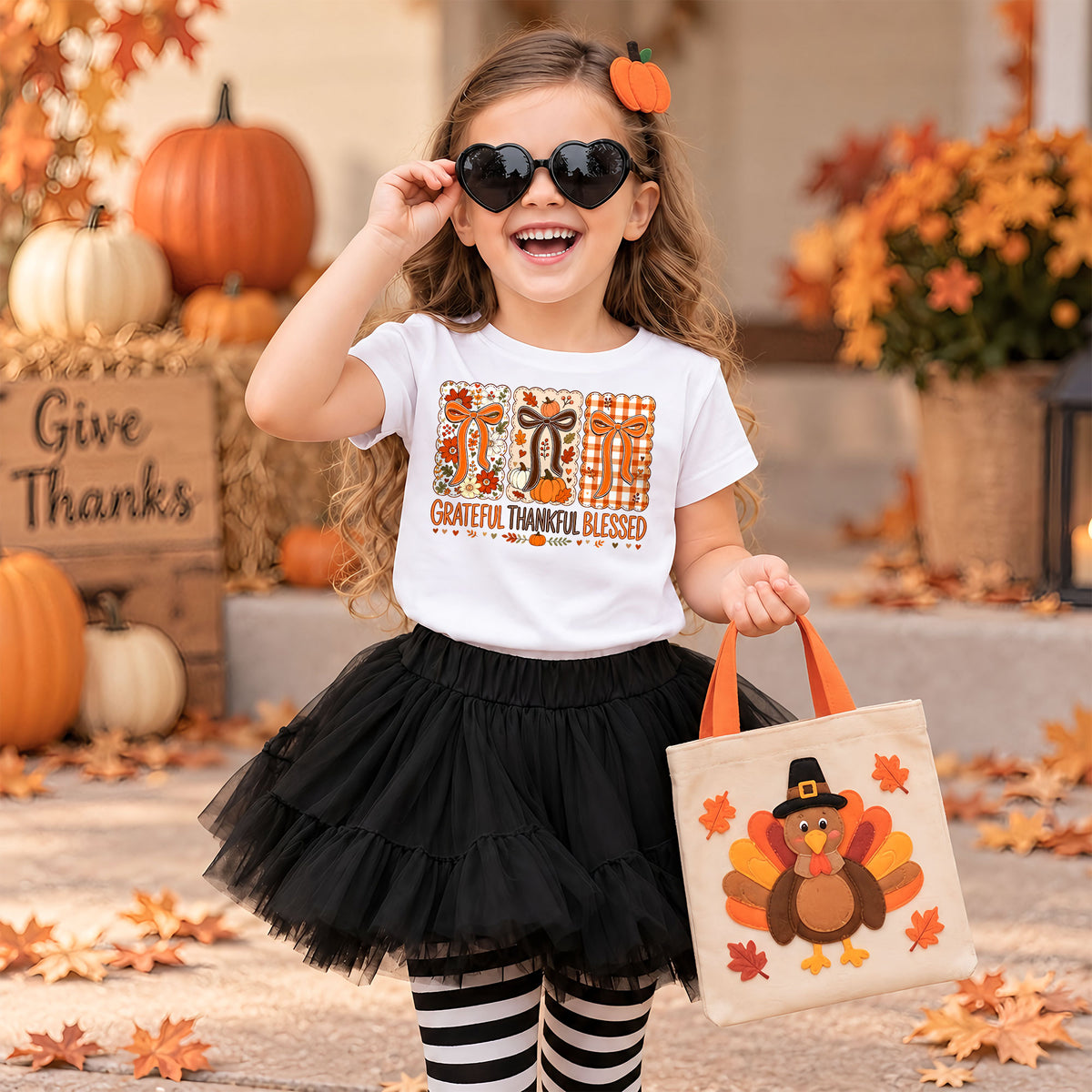 Girls Thanksgiving Shirt, Grateful Thankful Blessed Turkey Pumpkin Bow, Fall Gift for Kids & Women