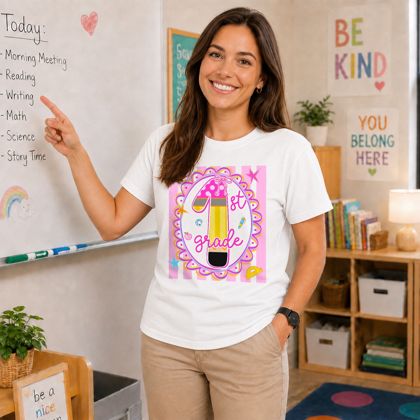 Personalized Back to School Shirt – Custom Name & Grade Preppy Striped Pennant Flag Color Tee for Teachers & Students, Pre-K to 8th Grade Outfit
