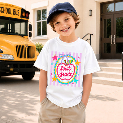 Personalized Striped Back to School Shirt for Kids Teachers – Custom Name & Grade Tee for Pre-K to 8th Grade Students, First Day Outfit