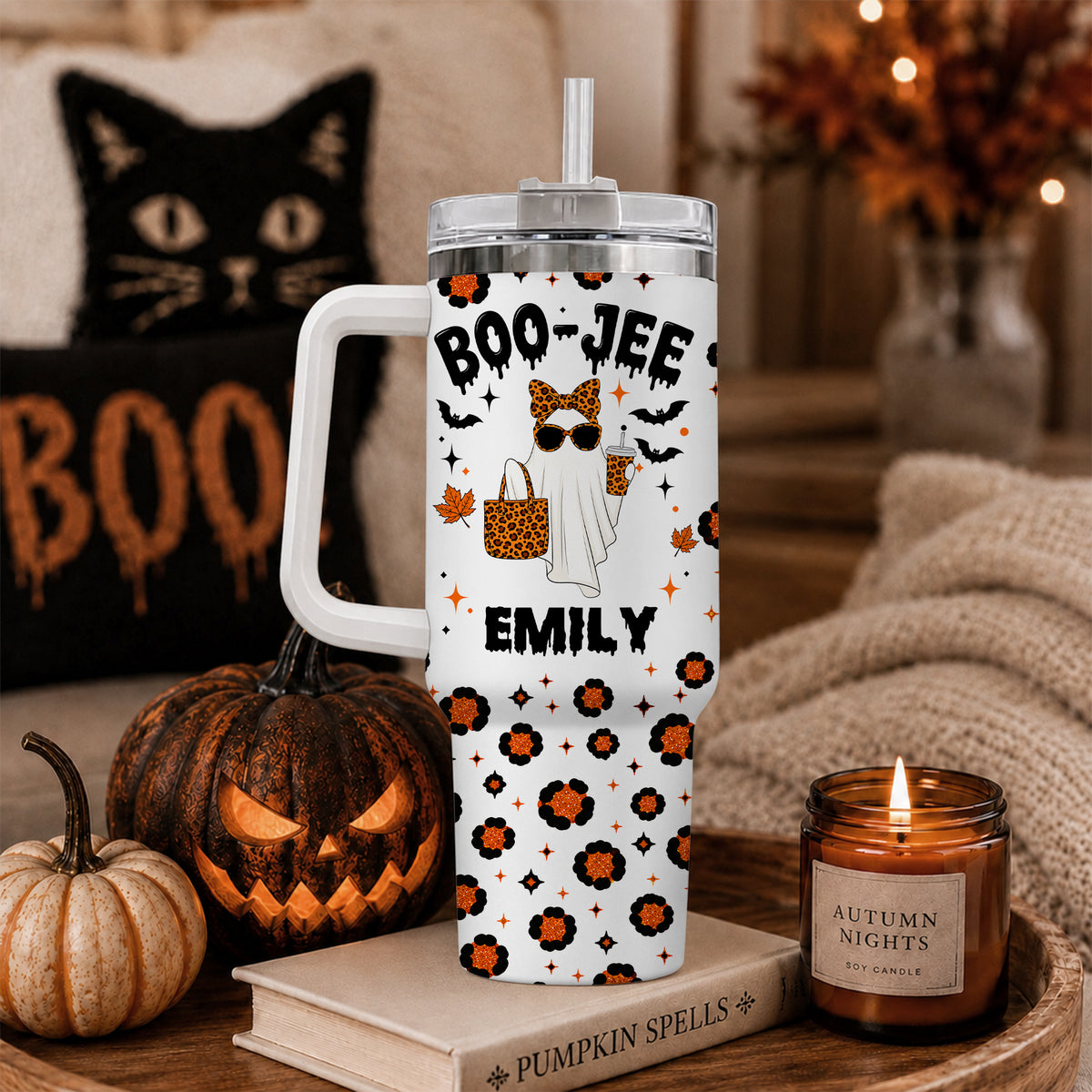 Personalized Halloween Tumbler with Handle - Custom Name Boo Jee Ghost Tumbler - Trendy Spooky Season Gift