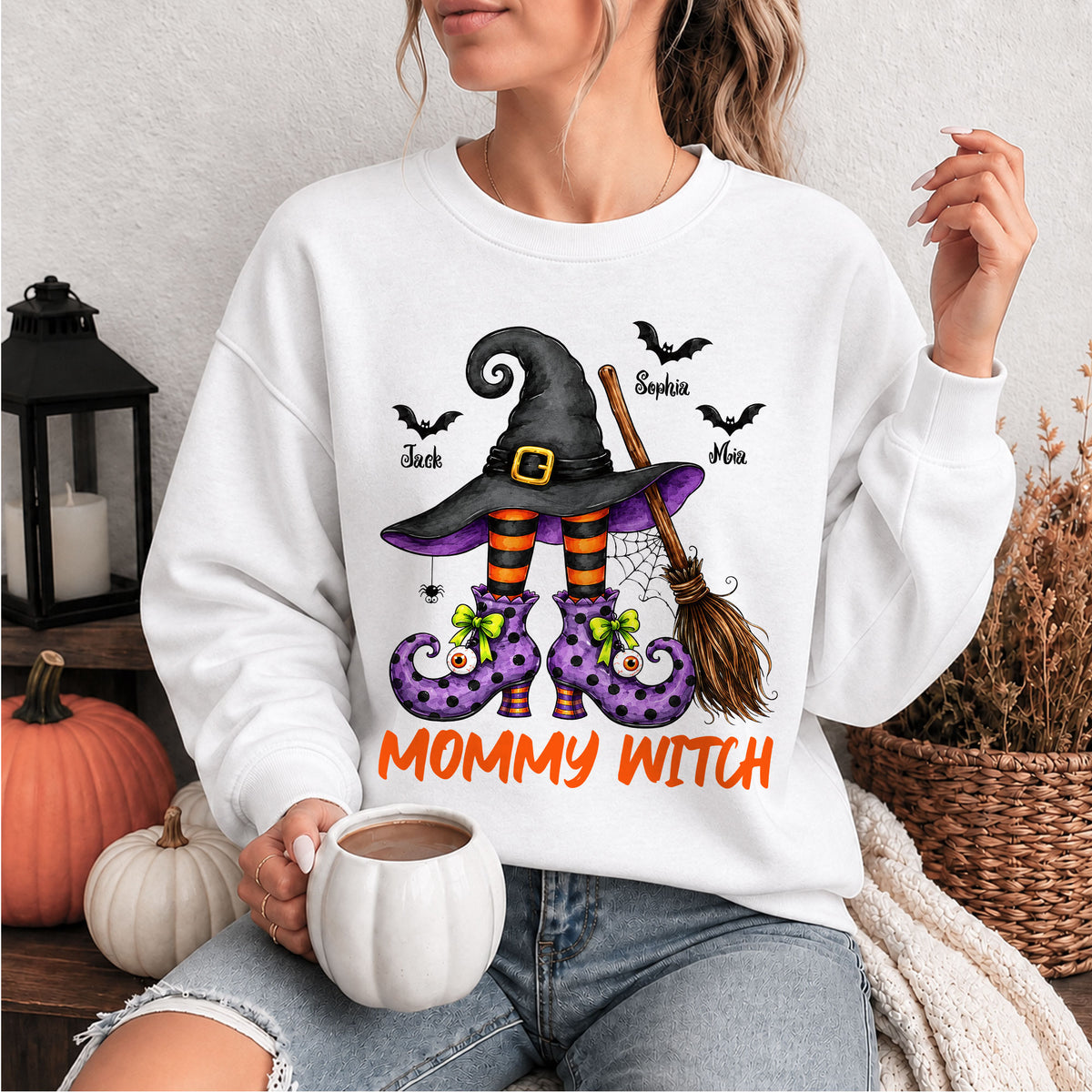 Personalized Grandma Witch Hat Sweatshirt, Custom Grandkids Names Halloween Shirt, Family Gift